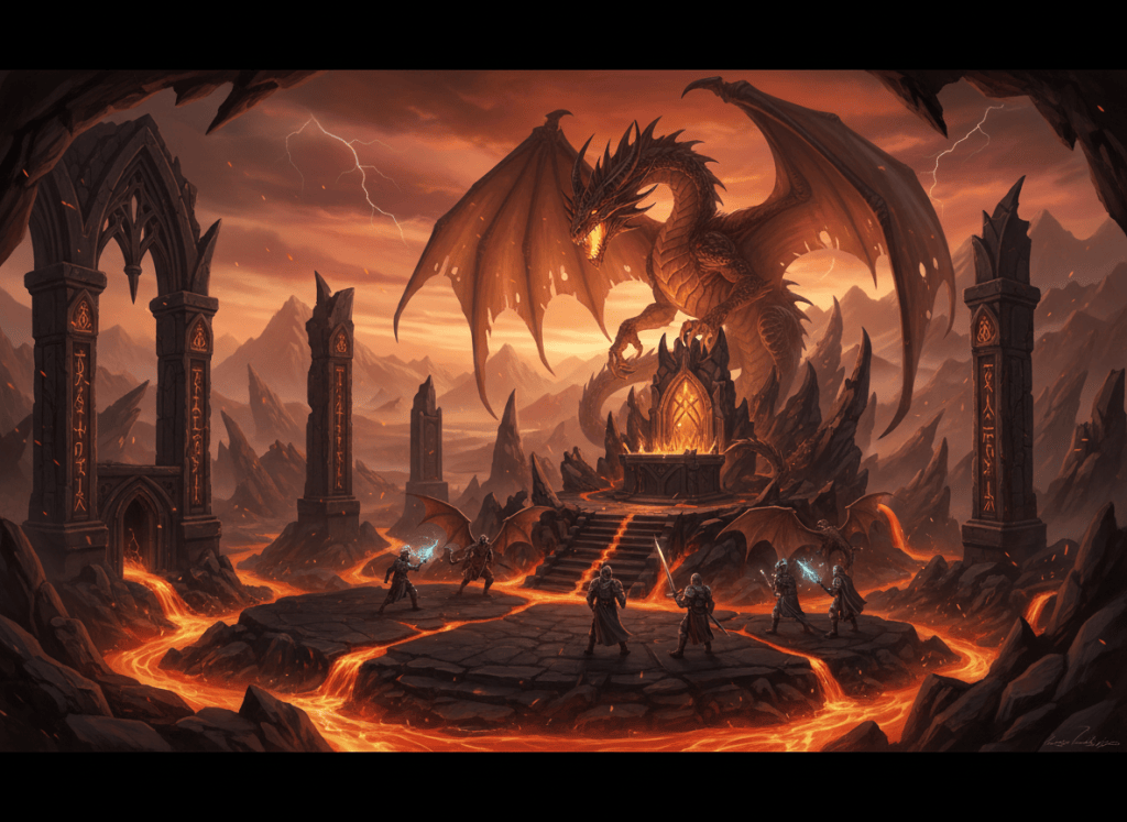 Albion Online Dragonfire Patch 2 news illustration, dramatic Dragon Sanctuary with a massive ancient dragon, fantasy MMO screenshot-inspired but original artwork, fiery orange and dark stone palette, cinematic wide composition, no text, no logos, suitable as a WordPress featured image