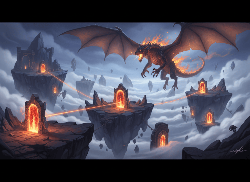 Albion Online Dragonfire Patch 3 editorial news cover image. Ancient Lands: dramatic floating islands above clouds, glowing ancient portals, a fierce fire dragon in the distance, medieval fantasy MMO atmosphere, polished official-game-inspired promotional art, no text, no logos, wide 16:9 composition, suitable as a Turkish gaming news article featured image.